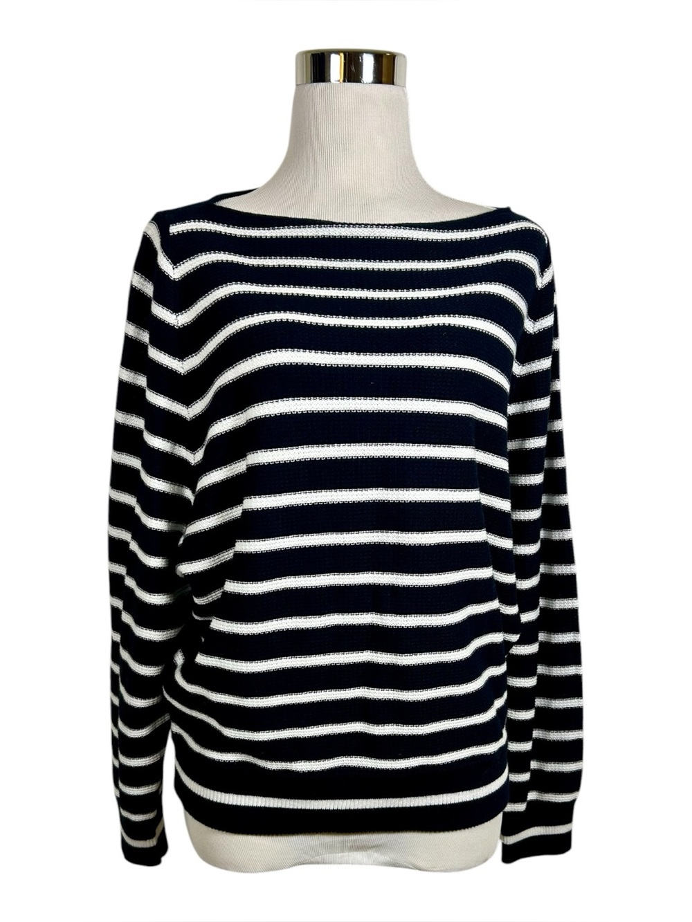 Vince Striped Waffle Knit Boatneck Cotton Sweater Navy White M